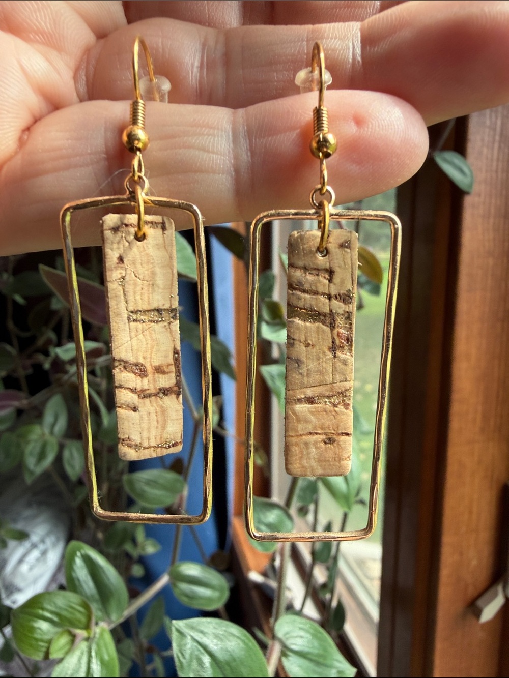 Gold Frame Cork Drop Earrings - Natural Cork